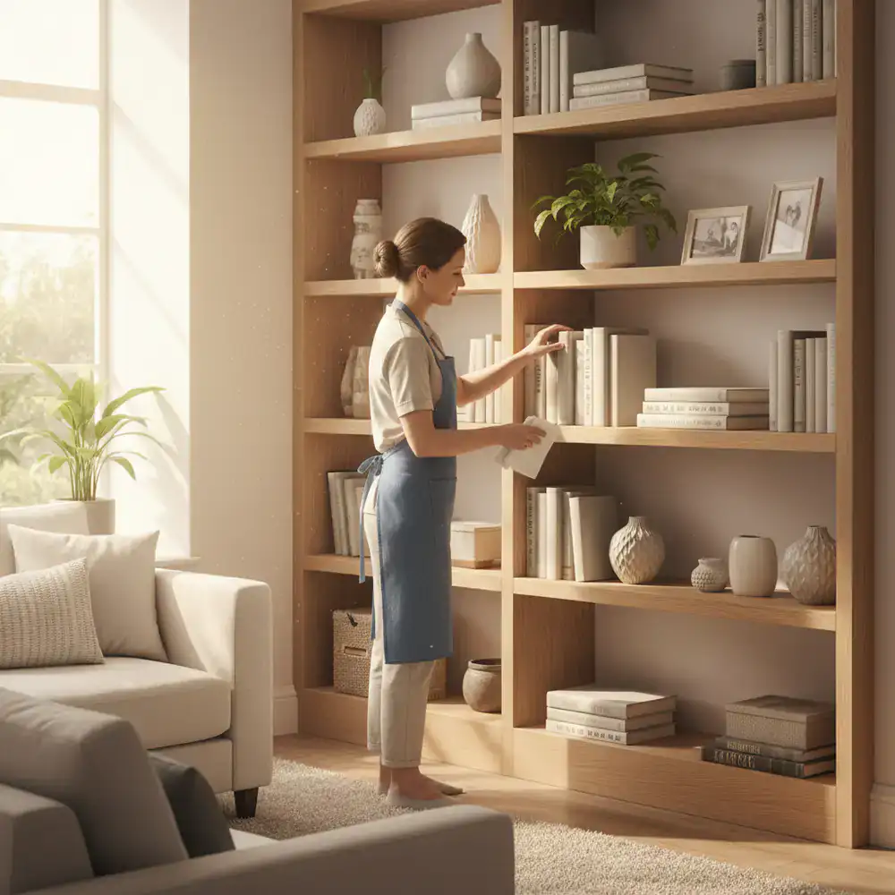 Professional cleaner organizing living room shelves