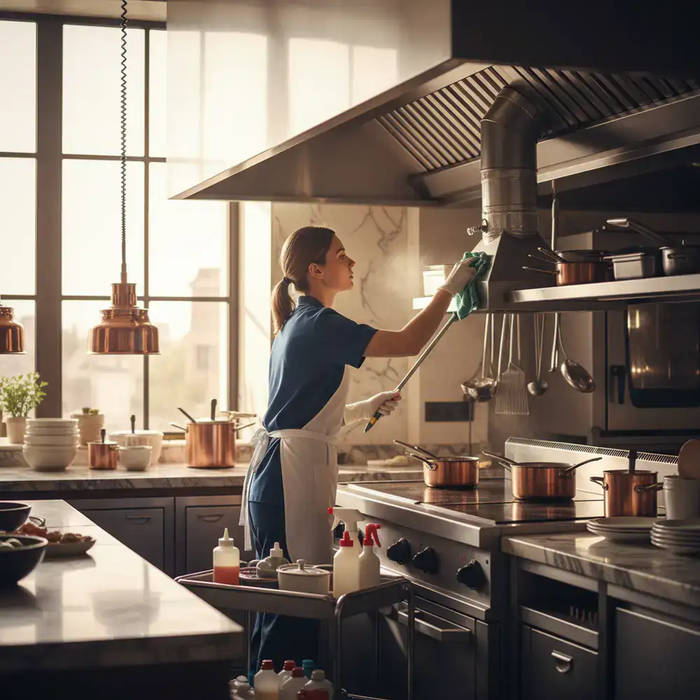 Cleaner meticulously wiping down hard to reach kitchen areas