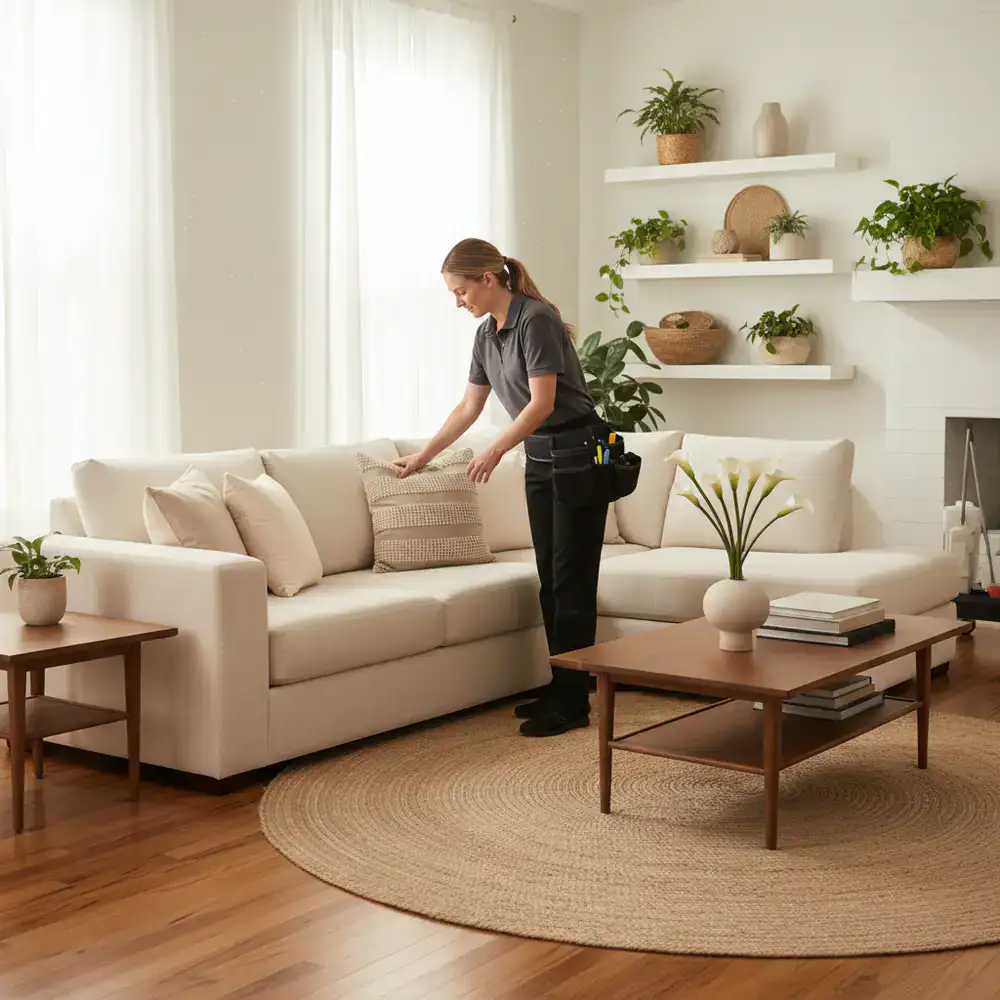 Professional cleaner organizing a bright living space